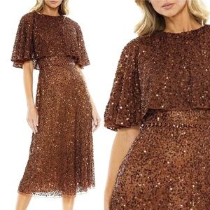 New Mac Duggal Beaded Sequined Cape Sleeve Evening Dress Copper Brown Size 20
